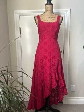 Women's Raspberry pink- Red Cotton Eyelet Midi Dress - Sleeveless A-Line